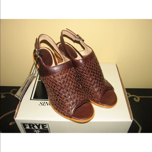 NIB BEAUTIFUL FRYE SOFIA 8.5 WOVEN DARK BROWN LEATHER SLING SANDALS BLOCK HEEL - Picture 6 of 8